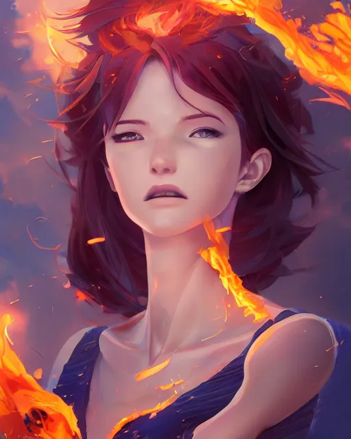 Image similar to the goddess of fire, spunk and intense beauty, full shot, atmospheric lighting, detailed face, one piece style, by makoto shinkai, stanley artgerm lau, wlop, rossdraws