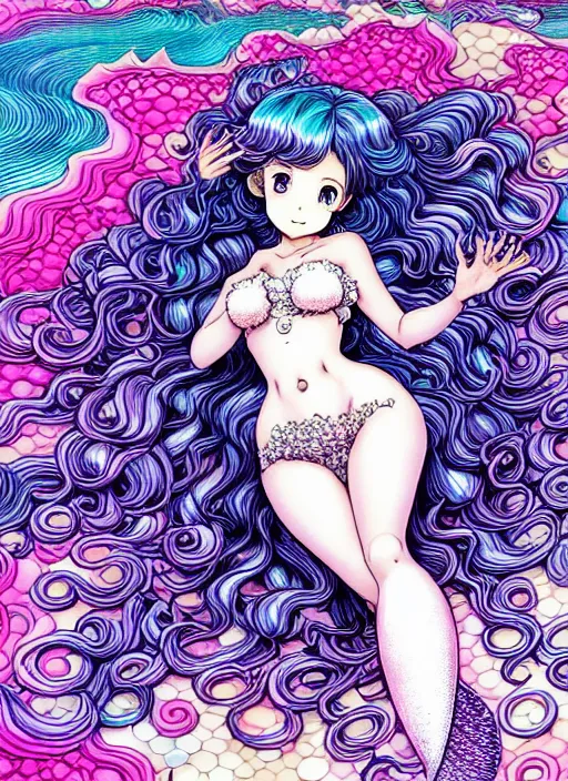 Prompt: manga of beautiful mermaid girl, curls hair, rococo ruffles dress, pastel rainbow, pearlescent, shimmering, reflective, rim light, detailed background, by takeshi obata, katsuhiro otomo, takato yamamoto, illustration, celluloid, dark fantasitc, artstation, concept art, highly detailed, colorful, maximalist