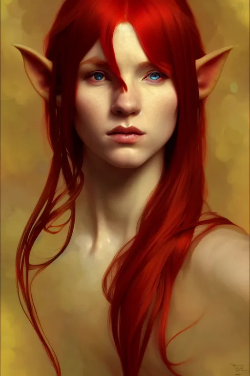 Prompt: portrait of a red - haired elf, golden ratio rule, highly detailed, digital painting, artstation, sharp focus, illustration, art by tan zi and ayanamikodon and alphonse mucha and wlop