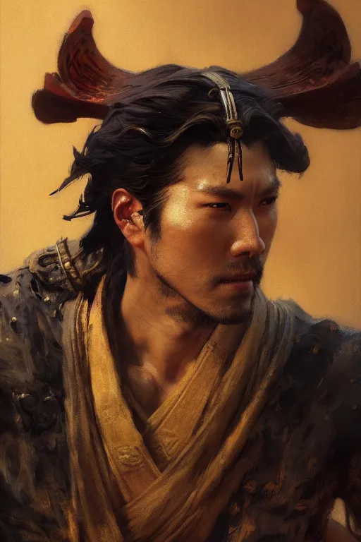 Image similar to attractive male, ghost of tsushima, painting by gaston bussiere, craig mullins, j. c. leyendecker, tom of finland