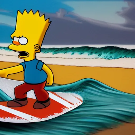 Prompt: Bart Simpson surfing the wave, artstation, 8K, UE5, photorealistic, by Dylan Kowalski