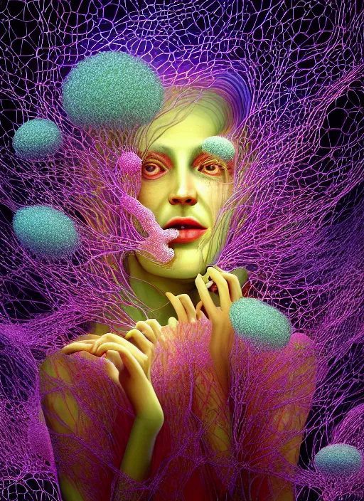 Image similar to hyper detailed 3d render like a painting - Aurora (Singer) seen Eating of the Strangling network of yellowcake aerochrome and milky Fruit and Her delicate Hands hold of gossamer polyp blossoms bring iridescent fungal flowers whose spores black the foolish stars by Jacek Yerka, Mariusz Lewandowski, Houdini algorithmic generative render, Abstract brush strokes, Masterpiece, Edward Hopper and James Gilleard, Zdzislaw Beksinski, Mark Ryden, Wolfgang Lettl, hints of Yayoi Kasuma, octane render, 8k