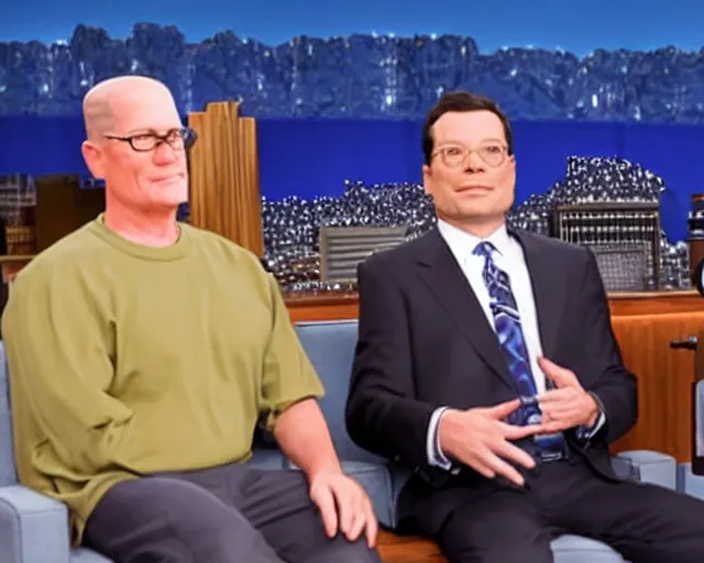 Image similar to upclose screenshot from hank hill being interviewed on an episode of the tonight show starring jimmy fallon. talk show set.