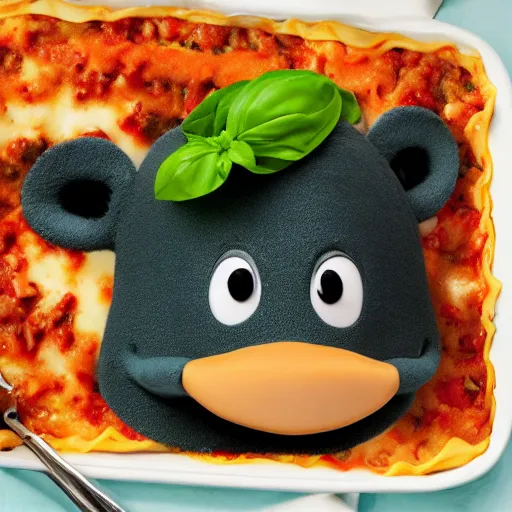 Image similar to cute platypus wearing a chef hat and holding a lasagna with three basil leaves over the lasagna, pixar style, ultradetailed, dramatic