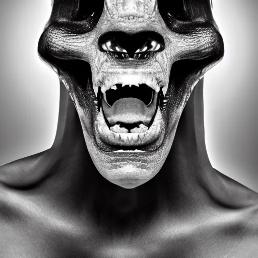 Image similar to an alien. angled jaw, growling, omniverous layered teeth, sunken nose, smooth bioluminescent skin, emaciated, mid length portrait photograph, highly detailed, high contrast lighting