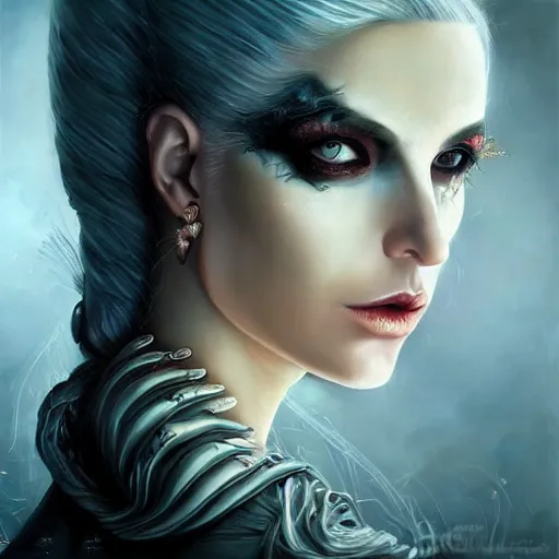 Image similar to painting of a gorgeous self conscious, disparaging female villain in the style of lise deharme, hyperrealistic eyes with natural makeup, very elaborate abundant hairstyle, low contrast, silk skin, low angle