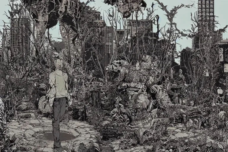 Prompt: on the street of abandoned town, tall figure with goat head surrounded by shadows, spiny giant plants bursting through them, surreal, very coherent, intricate design, painting by Laurie Greasley, part by Yoji Shinkawa, part by Norman Rockwell