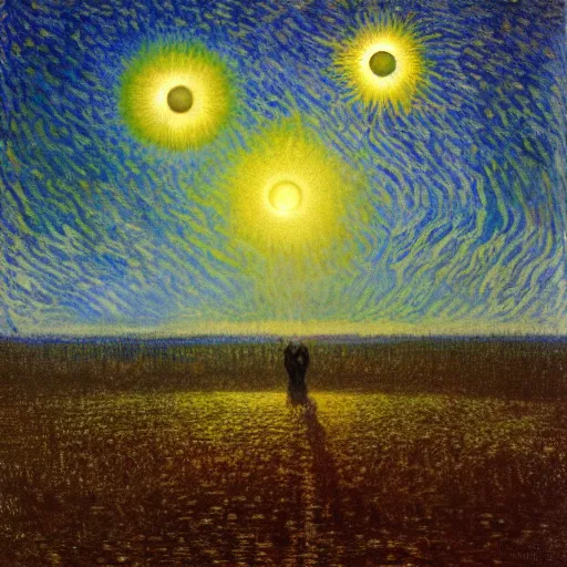 Prompt: stars, solar eclipse, looming over the earth, hdr, hq, painting by gustave dore and vincent van gogh and claude monet