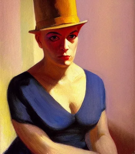 Image similar to a high quality, high detail, portrait of a drag queen by edward hopper, intense look in the eyes, moody, nostalgic