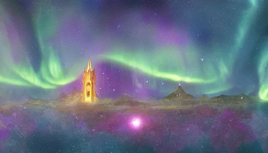 Image similar to The radiant citadel. Floating in the deep ethereal and pierced by the Auroral diamond