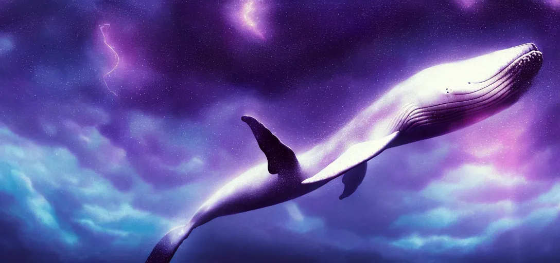 Image similar to a wide angle shot of a lonely whale flying in the sky, sea underneath, cosmic starry sky, concept art, trending on artstation, purple theme atmospheric lighting, painted, intricate, detailed, impressive, leesha hannigan