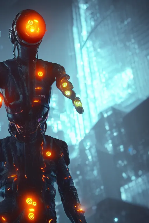 Prompt: Cyberpunk Flame Suit, fantasy, photorealistic, glowing eyes, 4k, cinematic lighting, explosive