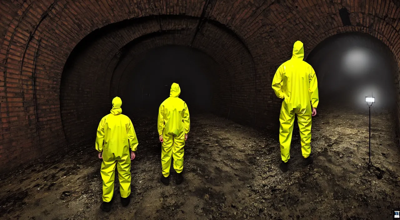 Image similar to a single man in hi viz hazmat suit wanders around a crumbling victorian london sewer, stunning render, high octane, 3 d, cinematic lighting