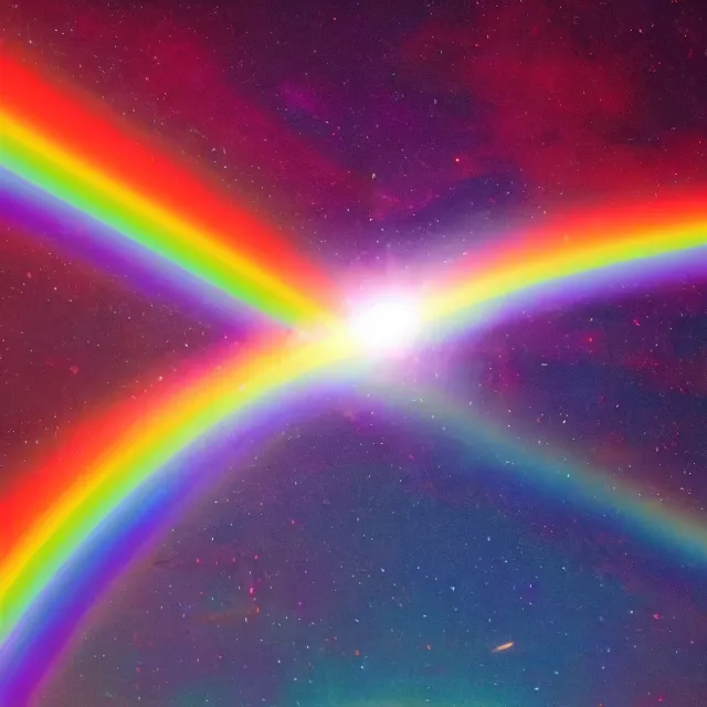 Prompt: glowing rainbow beam of light in space, vintage