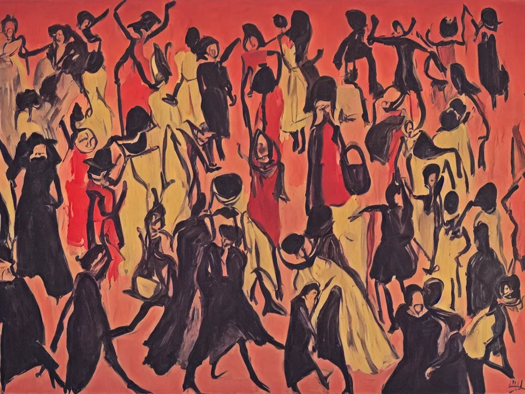 Image similar to woman movement, lisbon city at night, art in the style of paula rego