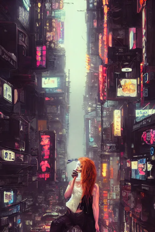 Image similar to beautiful portrait of a tall white female anthro fox smoking a cigarette towering head and shoulders above the bustling crowd of a rainy city street around her, cyberpunk clothes, cyberpunk, harsh neon lights, highly detailed, sharp focus, digital painting, illustration, trending on artstation, art by sakimichan, wlop, greg rutkowski