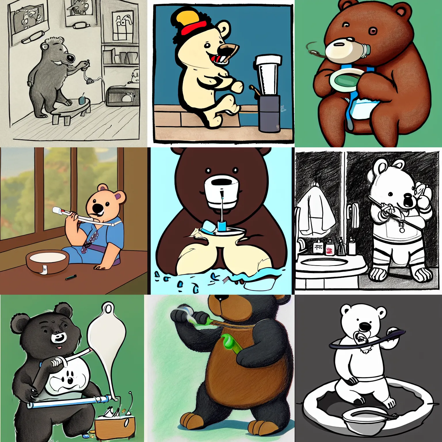 Prompt: a drawing of a cartoon bear brushing his teeth, a storybook illustration by hanna - barbera, featured on pixiv, furry art, official art, storybook illustration, concept art