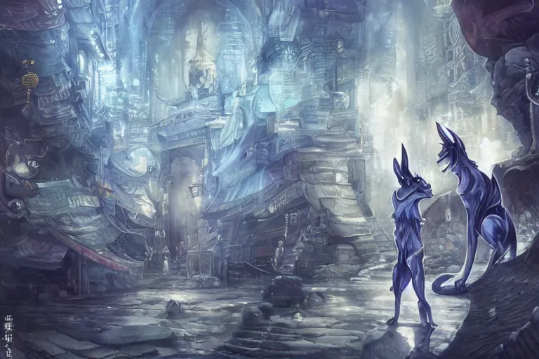 Prompt: dynamic composition, motion, ultra-detailed, incredibly detailed, a lot of details, amazing fine details and brush strokes, colorful and grayish palette, smooth, HD semirealistic anime CG concept art digital painting, watercolor oil painting of   anubis, in asian city in style of cytus and deemo, blue flame, relaxing, calm and mysterious vibes, by a Chinese artist at ArtStation, by Huang Guangjian, Fenghua Zhong, Ruan Jia, Xin Jin and Wei Chang. Realistic artwork of a Chinese videogame, gradients, gentle an harmonic grayish colors. set in half-life 2, Matrix, GITS, Blade Runner, Neotokyo Source, Syndicate(2012), dynamic composition, beautiful with eerie vibes, very inspirational, very stylish, with gradients, surrealistic, dystopia, postapocalyptic vibes, depth of field, mist, rich cinematic atmosphere, perfect digital art, mystical journey in strange world, marvel comics