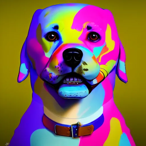 Prompt: portrait of a dog, james jean style, vfx art, unreal engine render, claymation style, colourful, volumetric light, digital painting, digital illustration, dramatic light,