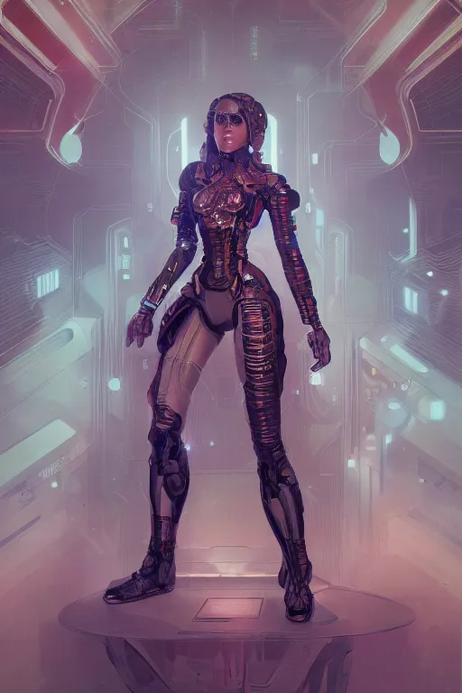 Image similar to full body portrait of a girl, sci fi, synthwave, cyberpunk, intricate, elegant, highly detailed, digital painting, artstation, concept art, smooth, sharp focus, illustration, art by artgerm and greg rutkowski and alphonse mucha