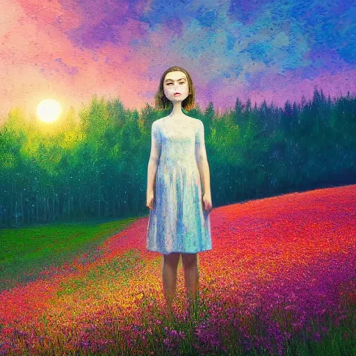 Prompt: girl with an blooming flower face, surreal photography, dream, standing in flower field, hills, valley, forest, sunrise dramatic light, impressionist painting, colorful clouds, digital painting, pointillism, artstation, simon stalenhag