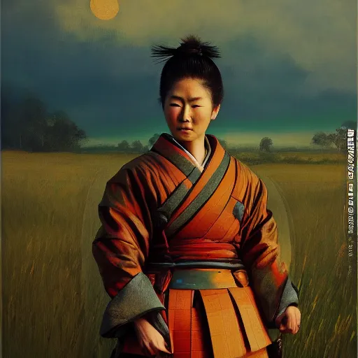 Image similar to female samurai standing in a field in the style of Ruan Jia, golden hour