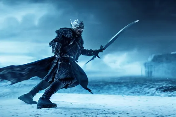 Image similar to very very intricate photorealistic photo of jon snow fighting the night king, photo is in focus with detailed atmospheric lighting, award - winning details