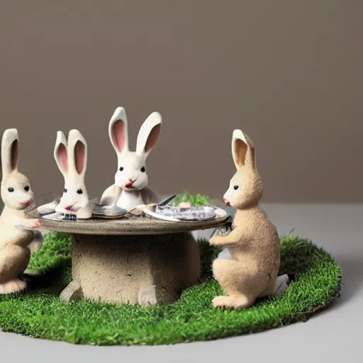 Image similar to A diorama of a bunny family sitting around the table having dinner