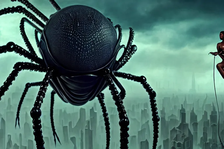 Image similar to realistic detailed closeup portrait movie shot of a beautiful black woman riding a giant spider, dystopian city landscape background by denis villeneuve, amano, yves tanguy, alphonse mucha, max ernst, ernst haeckel, caravaggio, roger dean, cyber necklace, rich moody colours, sci fi patterns, wide angle