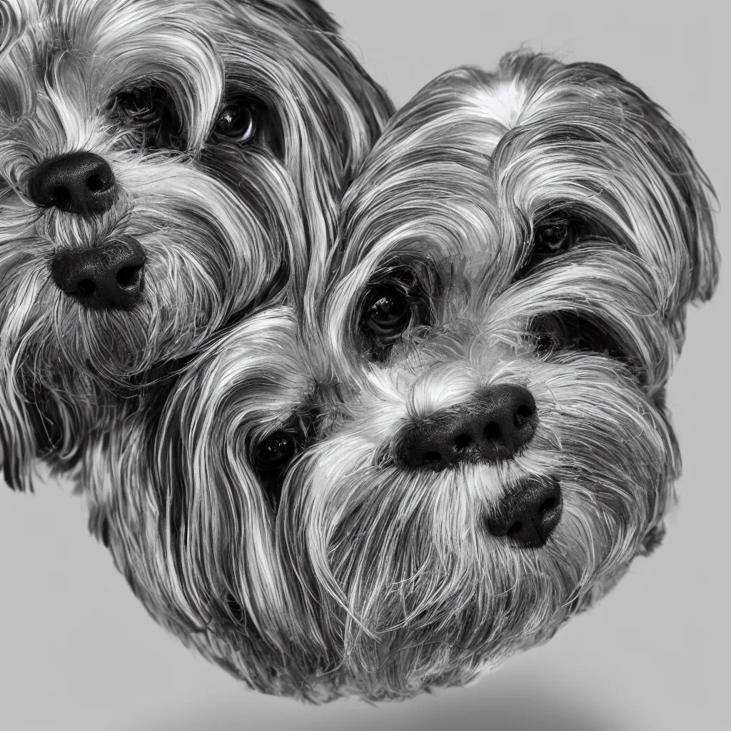 Prompt: image of a havanese dog reflected on the surface of a single chrome sphere, ultra wide 1 0 mm, by m c escher pen and paper