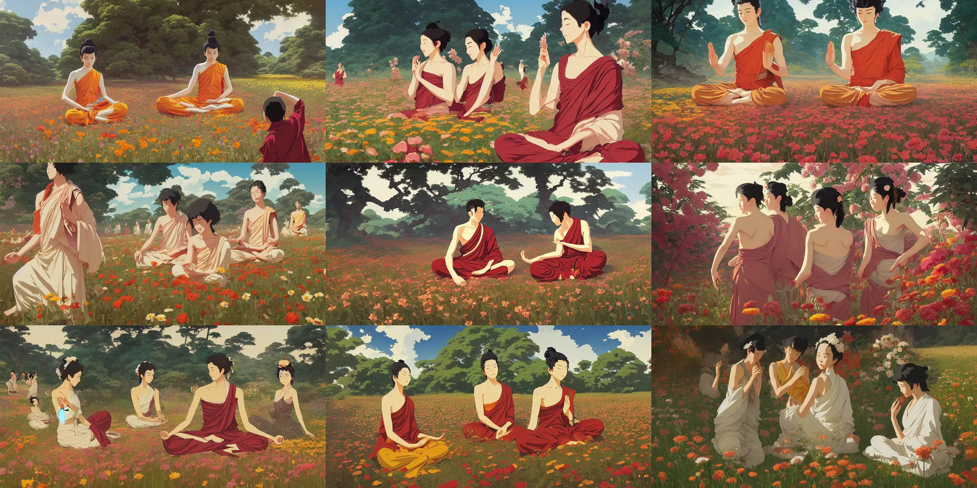 Prompt: buddhism, flower field, in the style of studio ghibli, j. c. leyendecker, greg rutkowski, artem