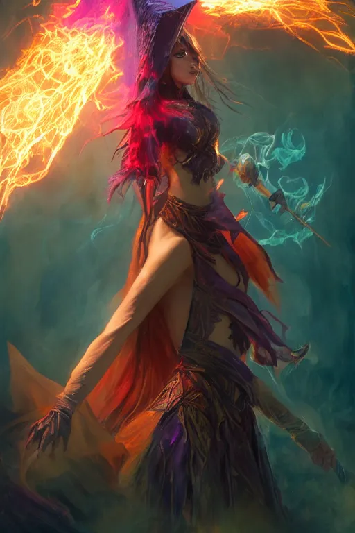 Image similar to a beautiful dark magician girl with a large witches hat covered in colourfull flames by Greg Rutkowski, Sung Choi, Mitchell Mohrhauser, Maciej Kuciara, Johnson Ting, Maxim Verehin, Peter Konig, final fantasy , mythical, 8k photorealistic, cinematic lighting, HD, high details, atmospheric,