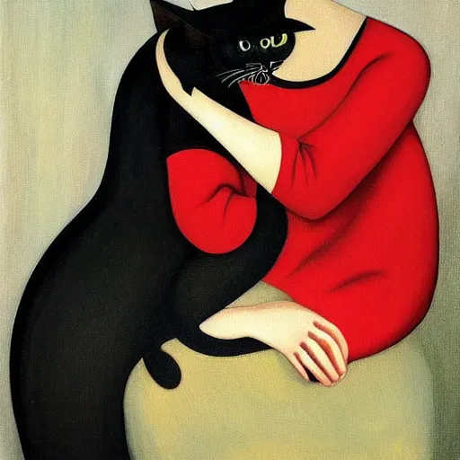 Prompt: a painting of a middle aged woman in a red dress has a cat sitting on her shoulder, by christian schad