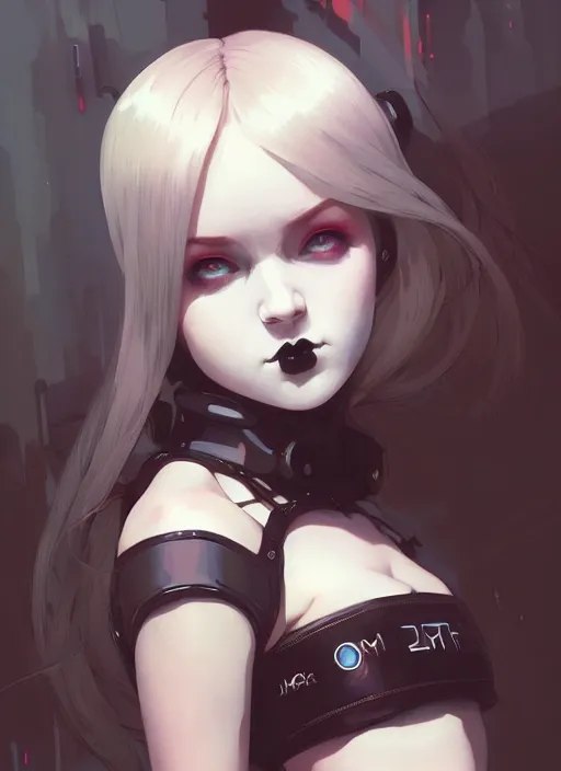 Image similar to portrait of cute goth maiden girl in cyber bikini armor, face by ilya kuvshinov, warhammer, cyberpunk, by atey ghailan, by greg rutkowski, by greg tocchini, by james gilleard, by joe fenton, by kaethe butcher, dynamic lighting, gradient light blue, brown, blonde cream and white color in scheme, grunge aesthetic