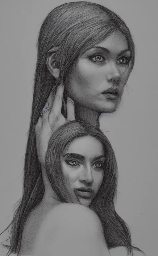 Image similar to the high priestess, by vonnart, black and white graphite drawing, smooth render, 3 / 4 view