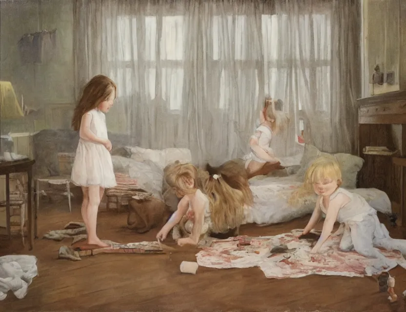 Prompt: kids playing in country house, cottage core, cinematic focus, polaroid photo bleached vintage pastel colors high - key lighting, soft lights, foggy, by steve hanks, by lisa yuskavage, by serov valentin, by tarkovsky, 8 k render, detailed, oil on canvas