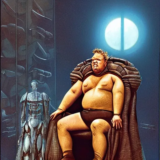 Image similar to ray winstone as baron harkonnen sitting on throne in dystopian science fiction hall in 1982 movie dune, by boris vallejo