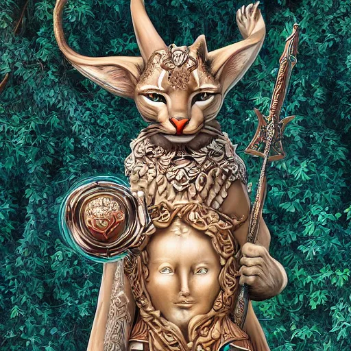 Image similar to a masterpiece hyperdetailed dnd tarot card, magnificent olive laurel wreaths as depicted in a colossal cute caracal marble statue, hd tarot card depicting monumental statue of a cute caracal hdr, 8 k, artstationhq, digital art