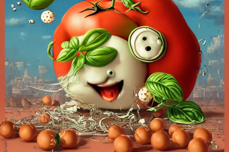 Image similar to a highly detailed happy tomato is playing with mozzarella balls, some sliced in half, basil leaves flying all over, playful vibe, full body, wide angle, an ultrafine detailed painting by joe fenton, trending on deviantart, pop surrealism, whimsical, lowbrow, perfect symmetrical face, sharp focus, octane, masterpiece