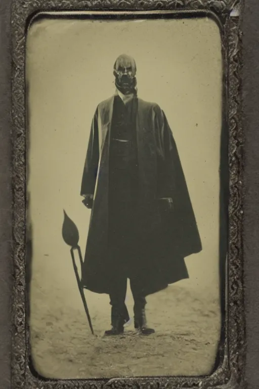 Prompt: a tintype photo of a dark and evil wizard