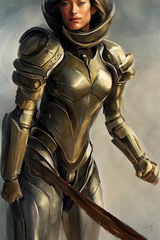 Image similar to a professional painting of a young Olivia Wilde, clothes in military armor, olive skin, long dark hair, beautiful bone structure, symmetrical facial features, intricate, elegant, digital painting, concept art, smooth, sharp focus, illustration, from StarCraft by Ruan Jia and Mandy Jurgens and Artgerm and William-Adolphe Bouguerea