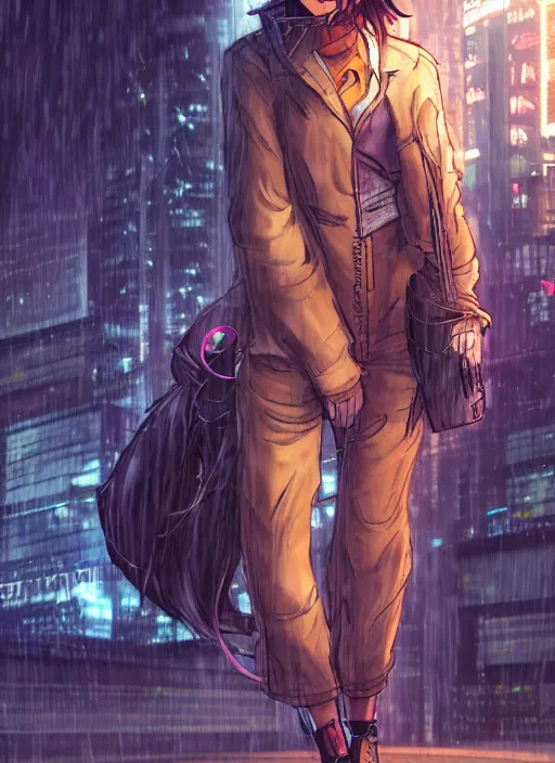 Image similar to character portrait of a female anthro hyena fursona with a cute beautiful attractive furry face and long black curly hair wearing stylish clothes in a cyberpunk city at night while it rains. hidari, color page, tankoban, 4K, tone mapping, Akihiko Yoshida.