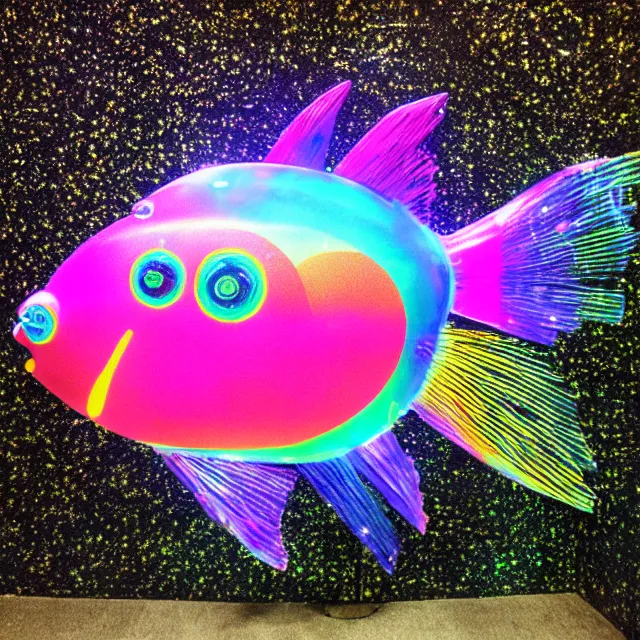 Image similar to megalophobia ultra detailed giant glowing rainbow crystal fish with laser eyes and a heart of gold