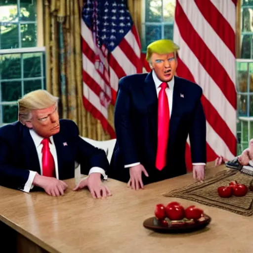 Image similar to a scene from the tv show, the boys, featuring donald trump as homelander.