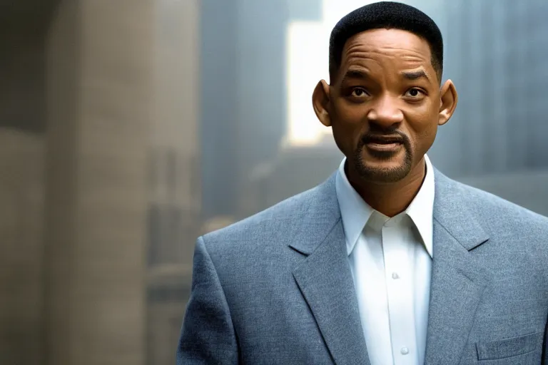 Prompt: cinematic still of will smith in men in black ( 2 0 0 1 ), xf iq 4, f / 1. 4, iso 2 0 0, 1 / 1 6 0 s, 8 k, raw, dramatic lighting, symmetrical balance, in - frame, highly accurate facial features