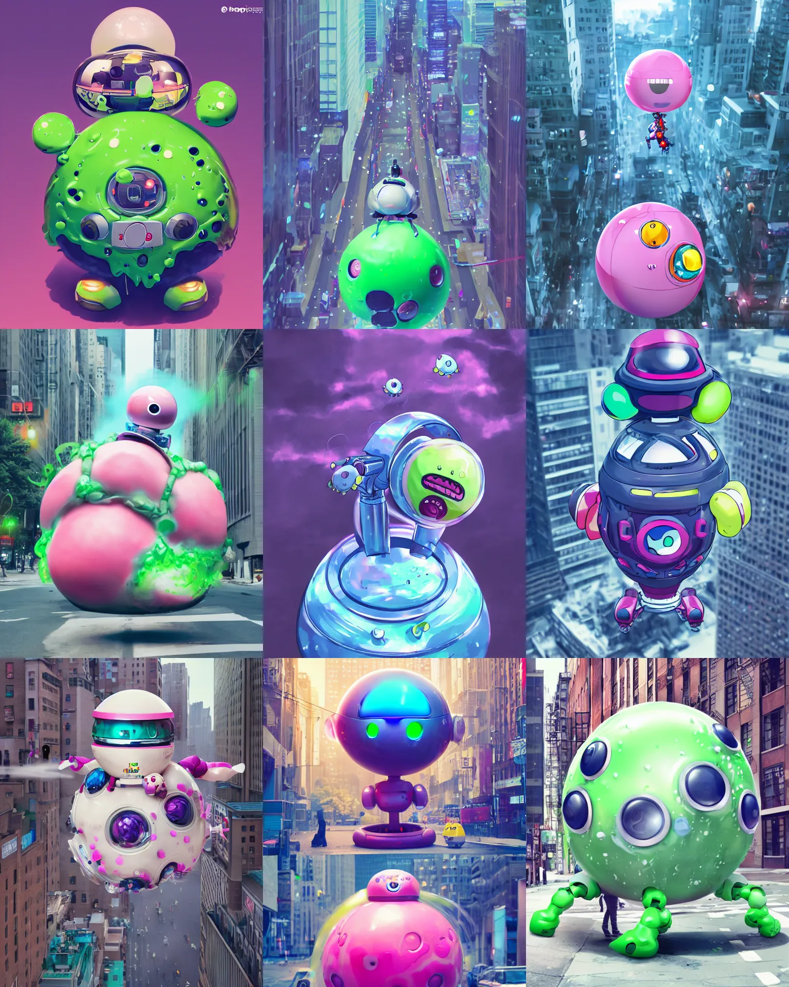 Prompt: spherical hovering kawaii robot sucking up a huge mess of slime fro. The streets of nyc, trending on artstation, anime, ue5, photoreal