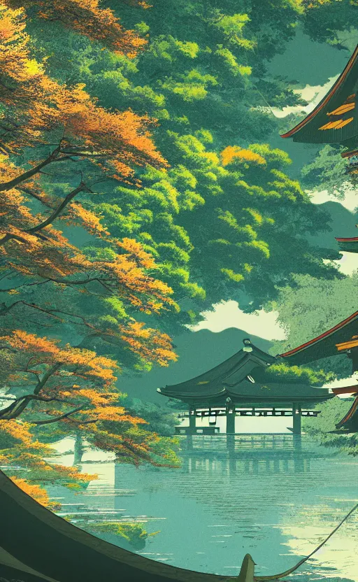 Image similar to japanese inspired poster, beautiful japanese architecture and nature, japanese beautiful aesthetic, photorealistic, lake, light rays theough the trees, 8 k image, studio ghibli anime style