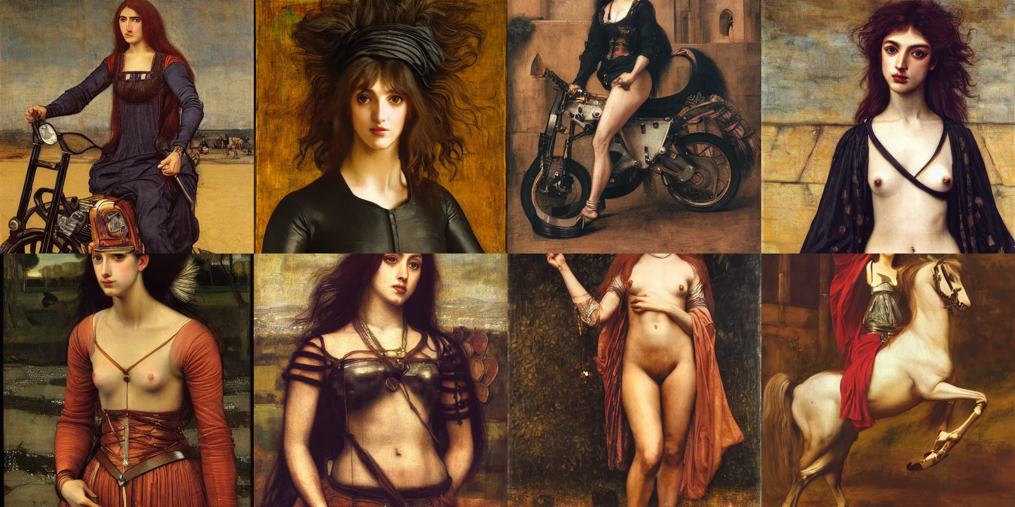 Prompt: a detailed painting of lady godiva posing in front of a motorcycle motorbike by thomas kinkad valentin de boulogne, dante gabriel rossetti, perfect symmetrical face, hyper realism, fine art hyperrealism