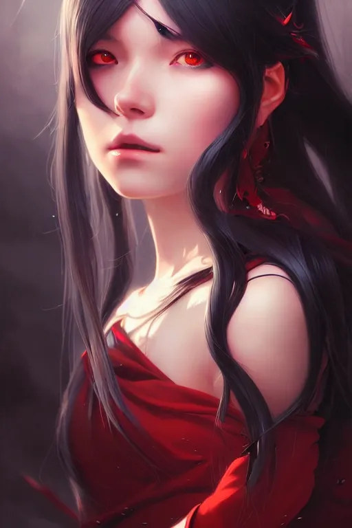 Image similar to a beautiful girl with long black hair and red eyes, fantasy, sharp focus, intricate, digital painting, artstation, highly detailed, ambient lighting, portrait by Studio Ghibli, Rossdraws, artgerm, Ilya Kuvshinov, and Greg Rutkowski