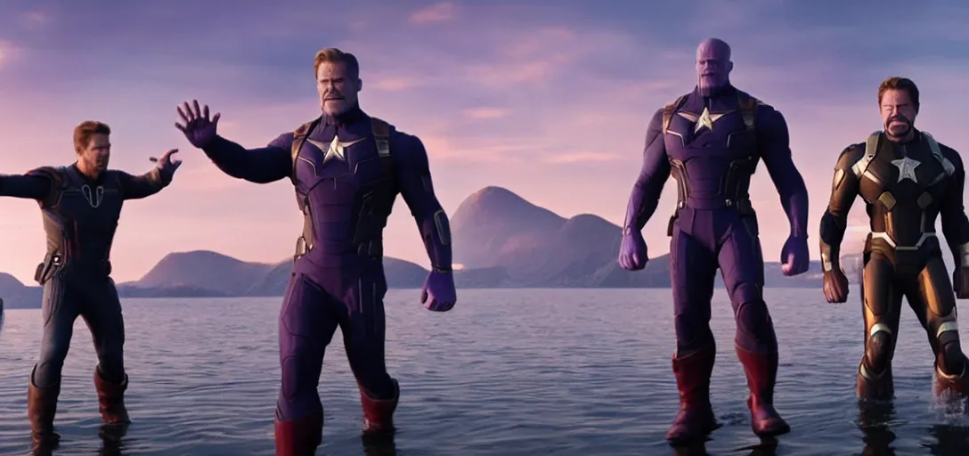 Image similar to a very high resolution image from a new movie. thanos waving at tony stark while capitan america watches on a lake, photorealistic, photography, directed by wes anderson